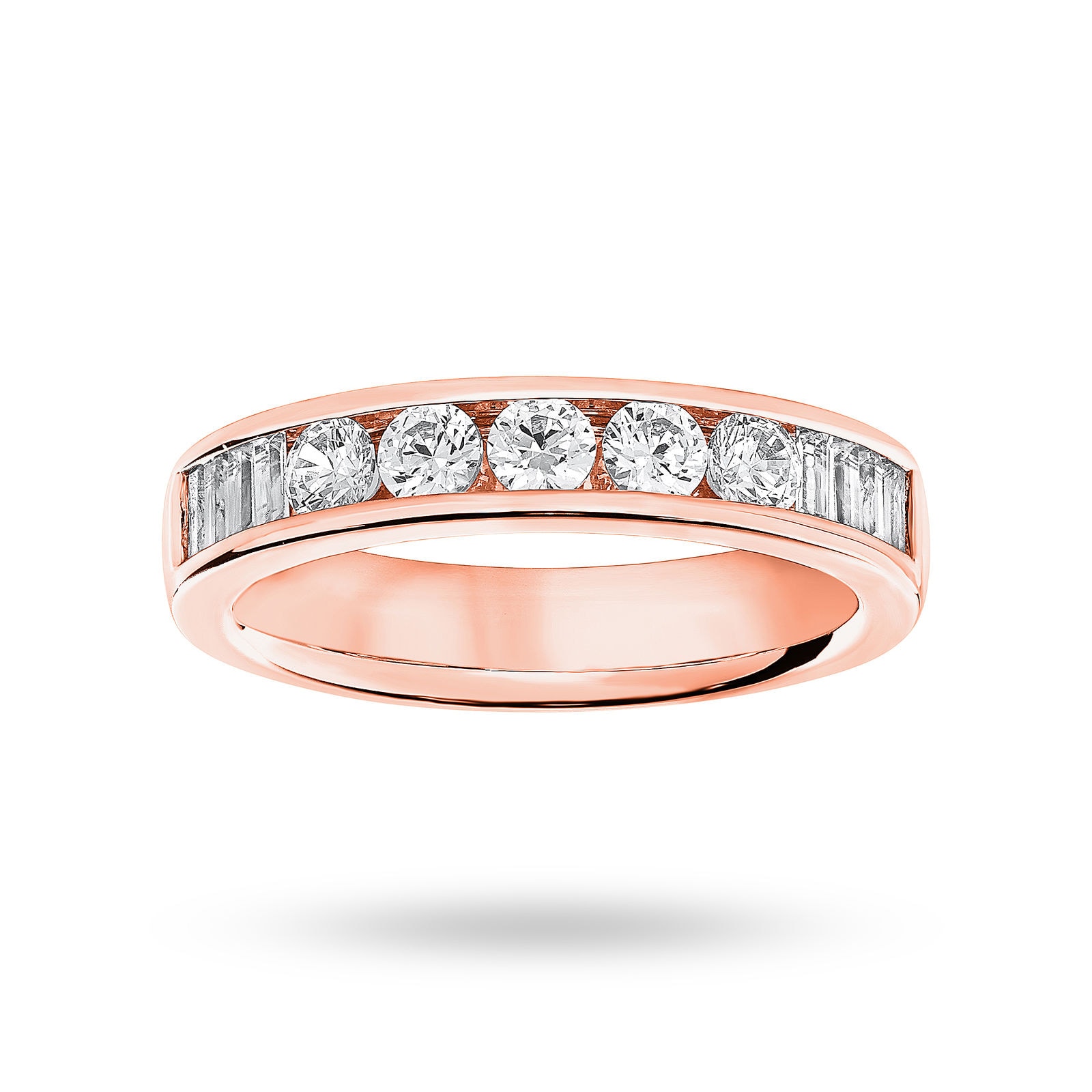 18 Carat Rose Gold 075 Carat Brilliant Cut And Baguette Channel Set Half Eternity Ring Ring Size O