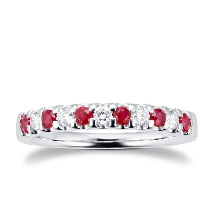 Goldsmiths Brilliant Cut Ruby and Diamond Eternity Ring in 18 Carat White Gold - Ring Size N