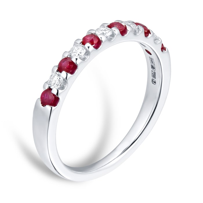 Goldsmiths Brilliant Cut Ruby and Diamond Eternity Ring in 18 Carat White Gold - Ring Size N