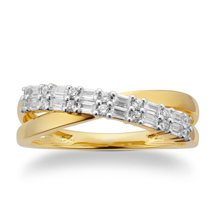 Goldsmiths 9ct Yellow Gold 0.25cttw Baguette Cut Cross Over Eternity Ring