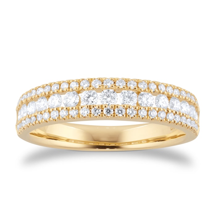 Goldsmiths 18ct Yellow Gold 0.70cttw Diamond Three Row Eternity Ring - RingSize P