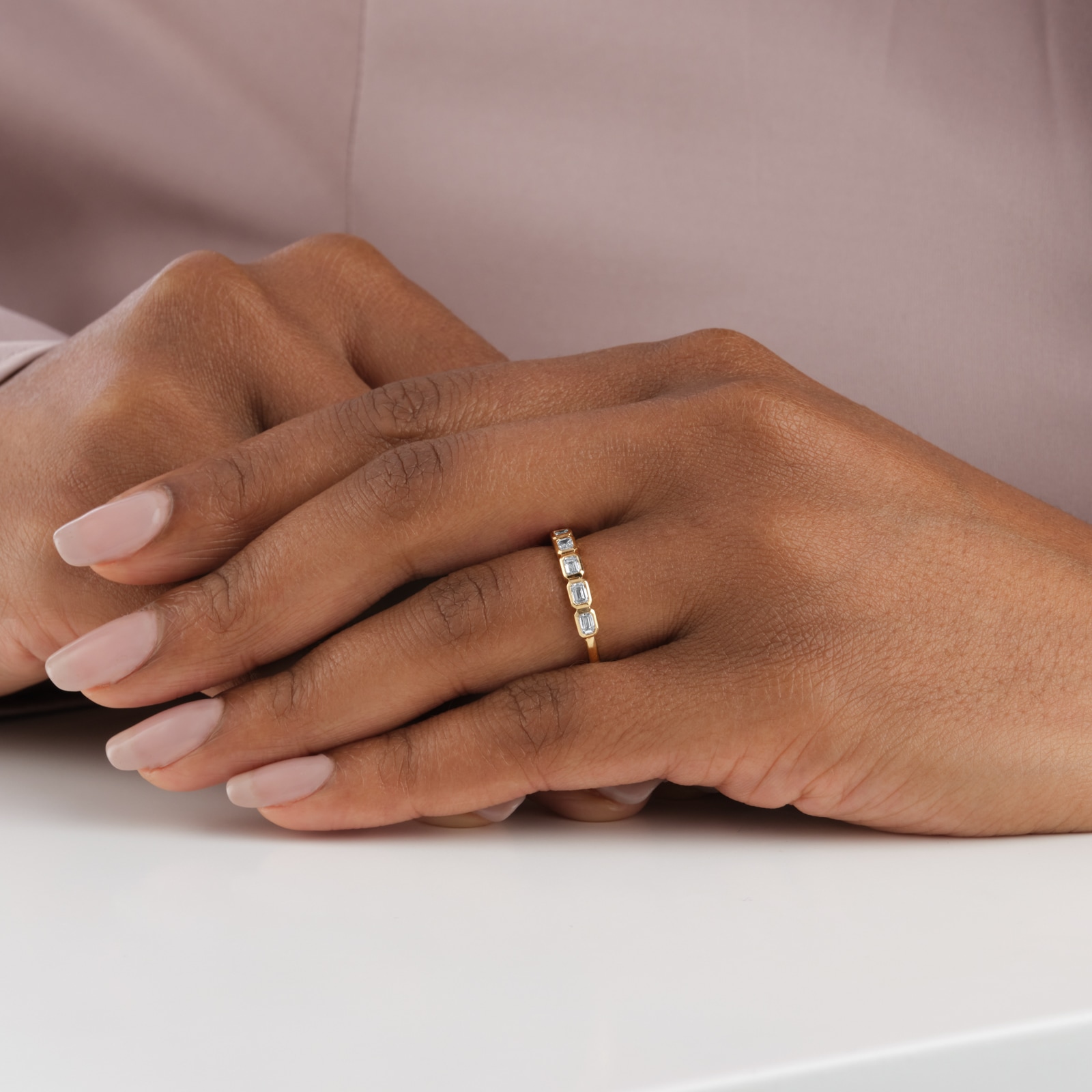 Mappin & Webb 18ct Yellow Gold 0.63cttw Emerald Cut 7 Stone Basel Set Eternity Ring