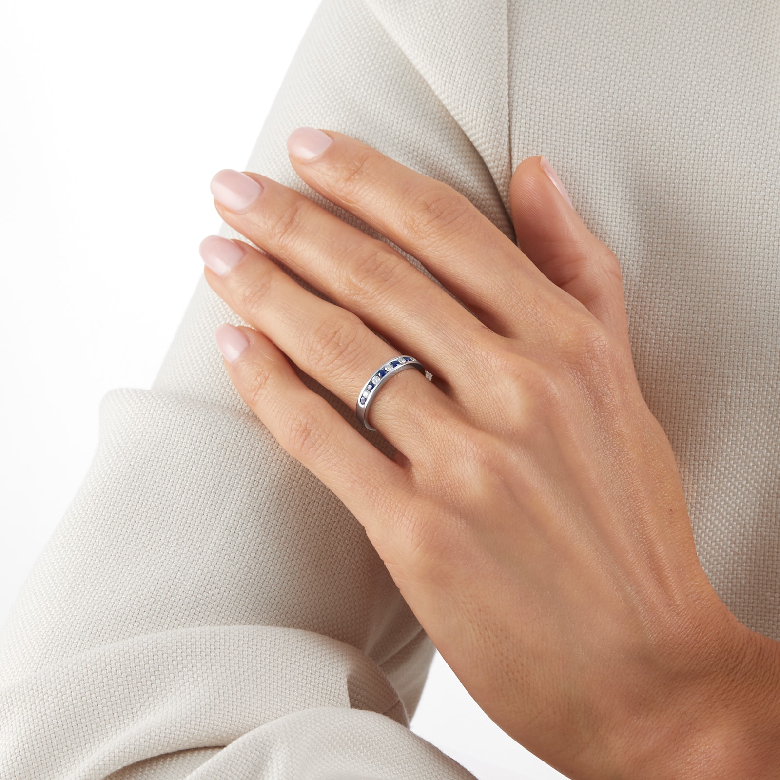 Goldsmiths 9ct White Gold 0.31ct Sapphire and 0.15ct Diamond Half Eternity Ring Goldsmiths 9ct White Gold 0.31ct Sapphire and 0.15ct Diamond Half Eternity Ring