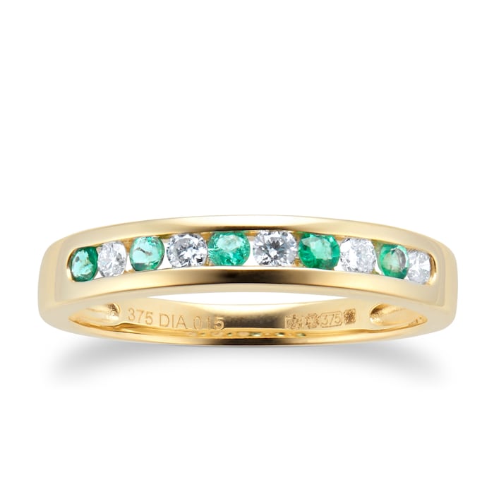 Goldsmiths Brilliant Cut Emerald And Diamond Eternity Ring In 9 Carat Yellow Gold