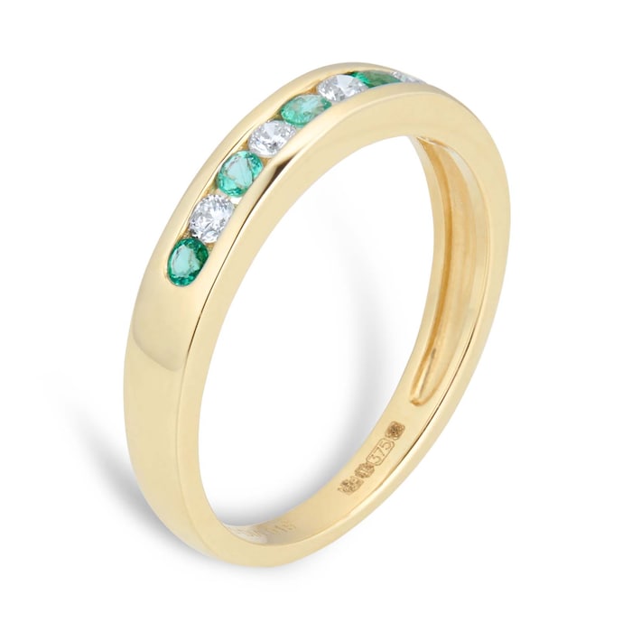Goldsmiths Brilliant Cut Emerald And Diamond Eternity Ring In 9 Carat Yellow Gold - Ring Size J