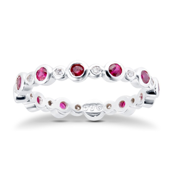 Goldsmiths 18ct White Gold Ruby & Diamond Full Eternity Ring - Ring Size L