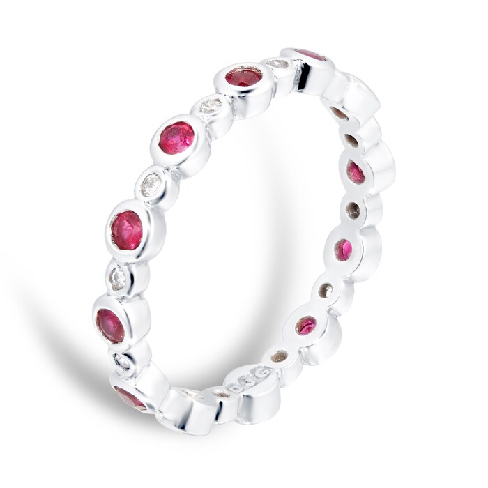 Goldsmiths 18ct White Gold Ruby & Diamond Full Eternity Ring - Ring Size L