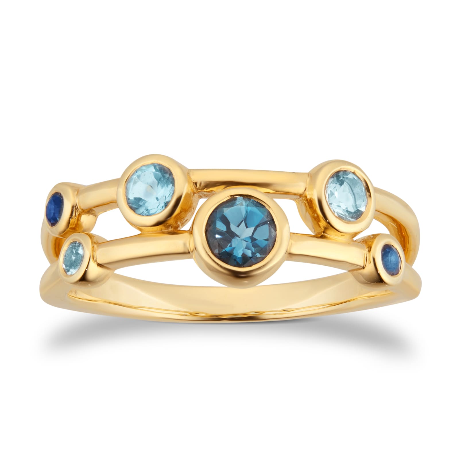 Goldsmiths 18ct Yellow Gold Sapphire Aquamarine and Blue Topaz Bezel Set Ring
