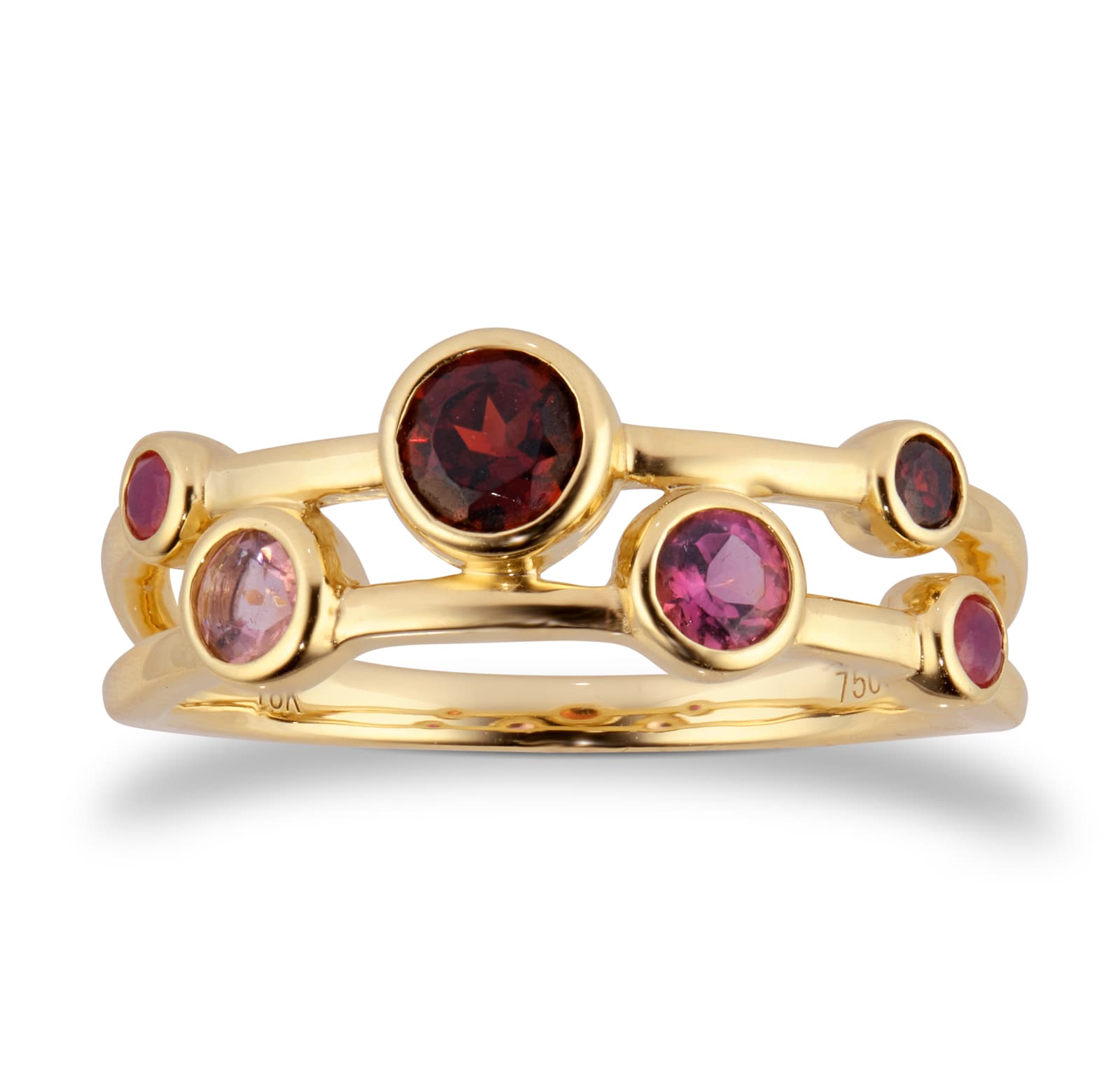 Goldsmiths 18ct Yellow Gold Ruby Garnet and Pink Tourmaline Bezel Set Ring