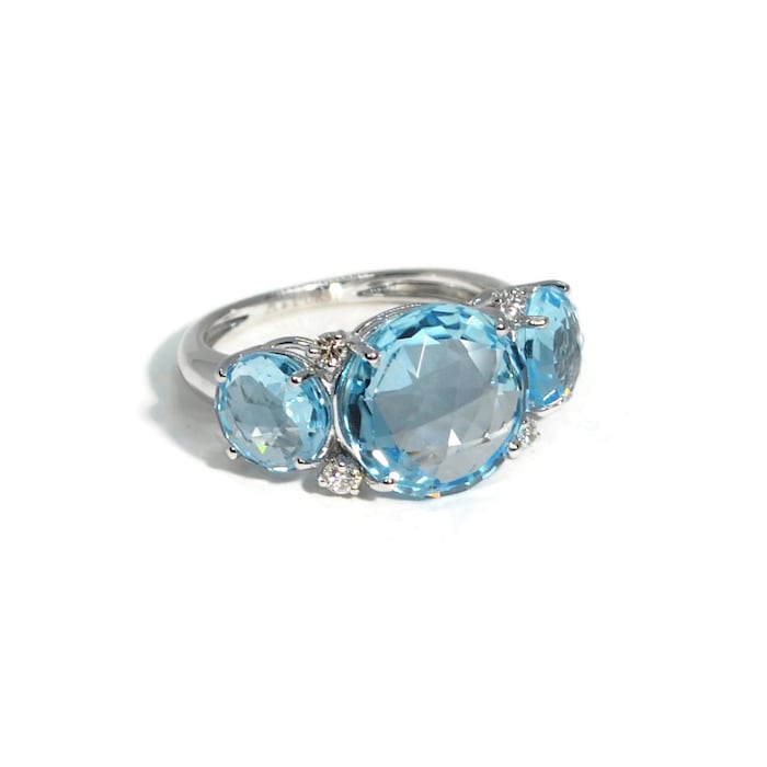 Betteridge 18k White Gold Lilies Blue topaz and Diamond Trilogy Ring Size 6.25