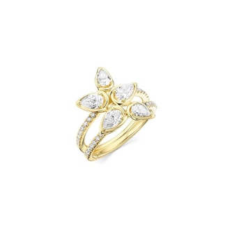 WOS 18K Yellow Gold Pear & Round Brilliant Cut Diamond 2 Row Ring - Size 7