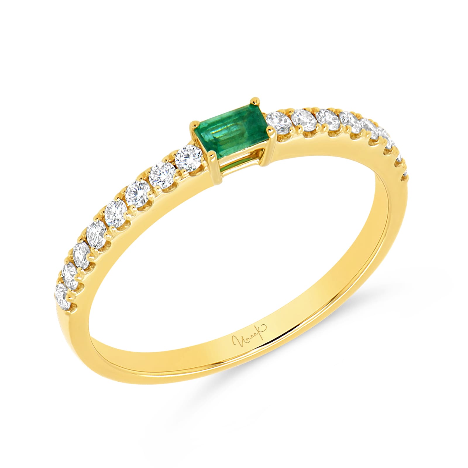 WOS 18K Yellow Gold Baguette Cut Emerald & Diamond Ring