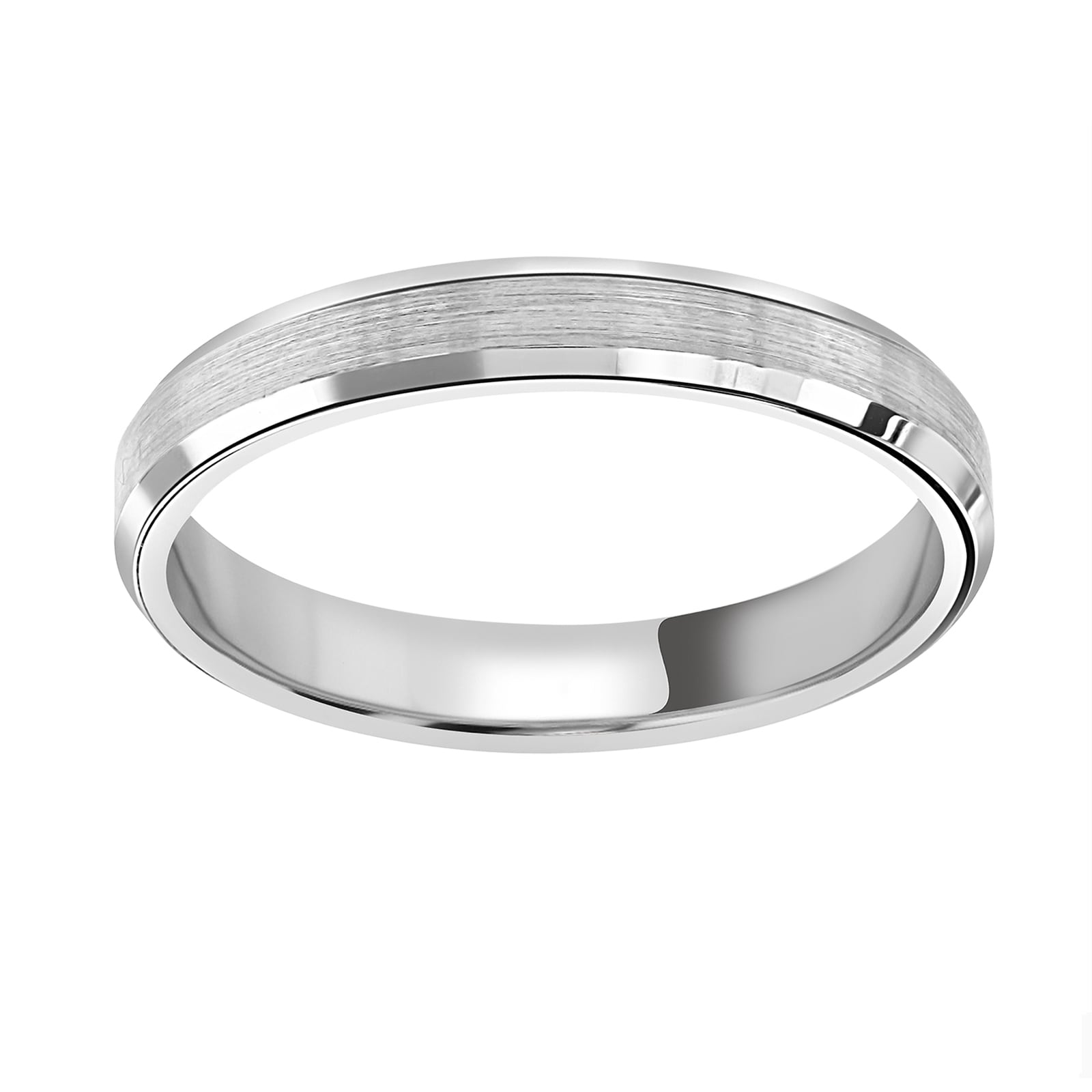 18ct White Gold 3mm Flat Top Matt Double Bevelled Edge Wedding Ring - Ring Size L