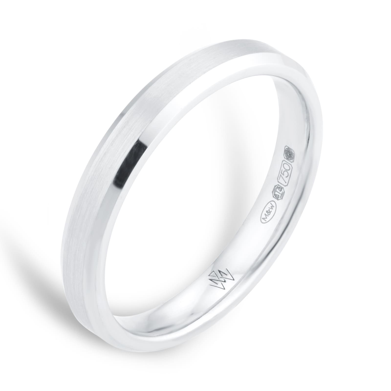 Mappin & Webb 18ct White Gold 3mm Flat Top Matt Double Bevelled Edge Wedding Ring