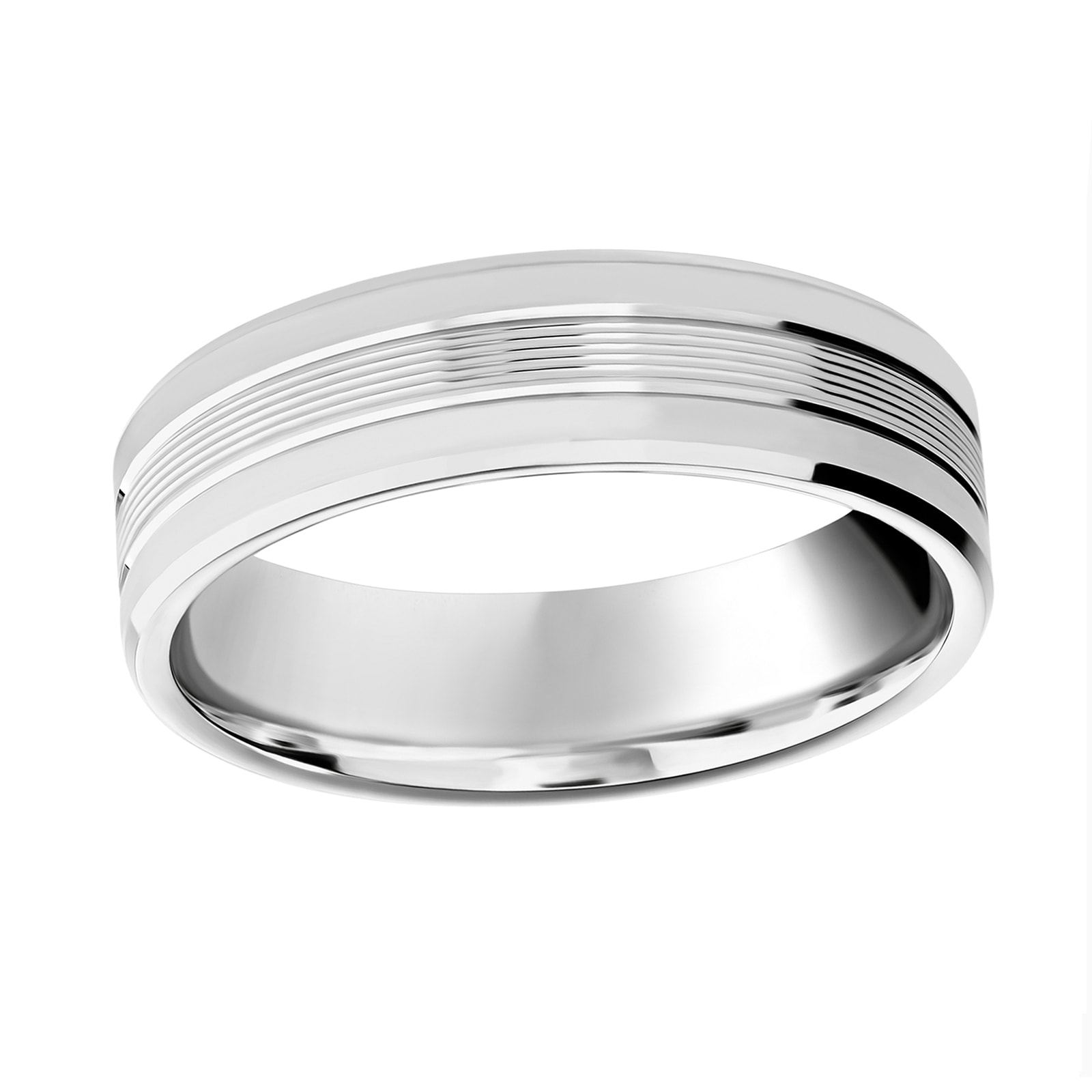 18ct White Gold 6mm Pattern V Cut Bevelled Edge Wedding Ring - Ring Size G