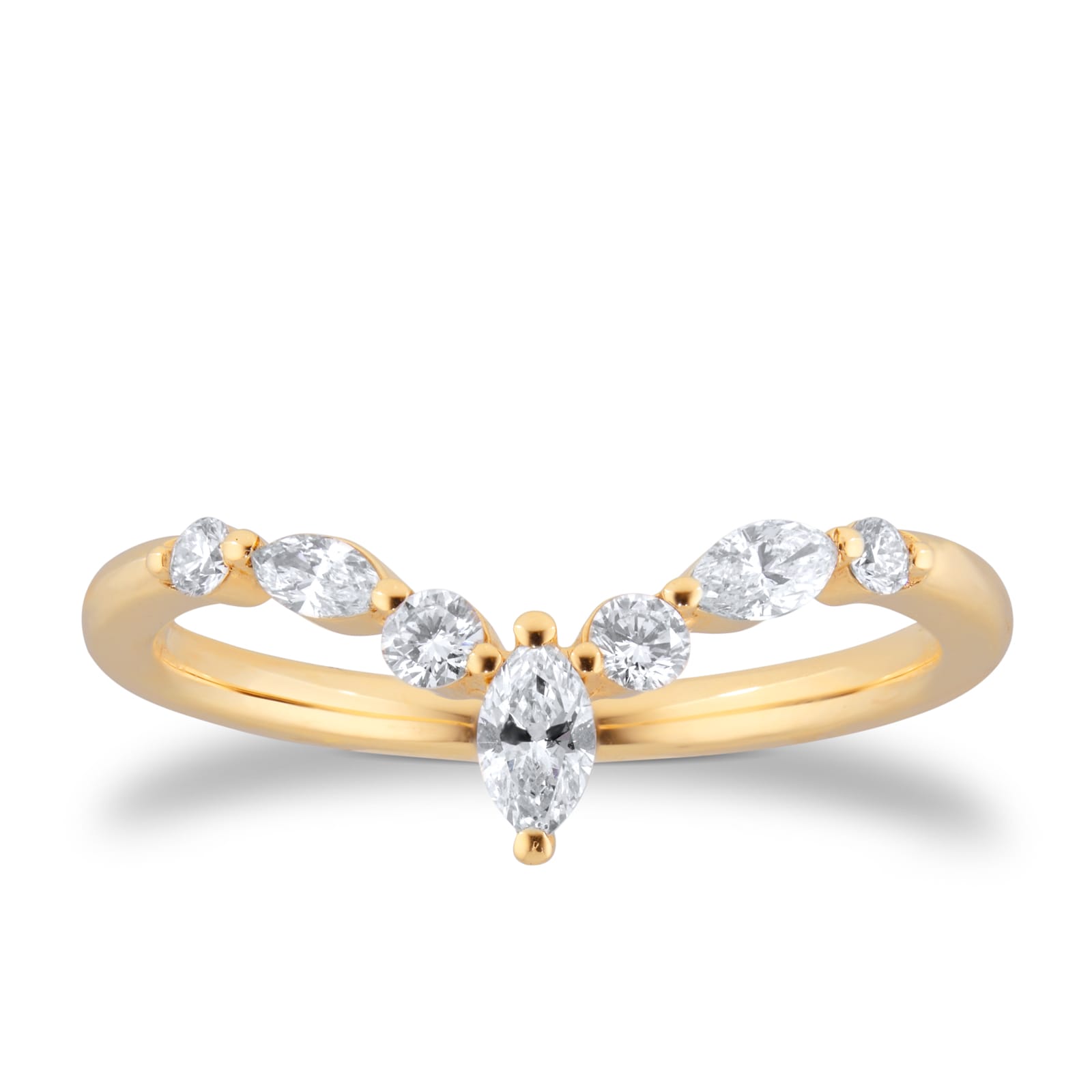 18ct Yellow Gold 0.25cttw Diamond Marquise & Round Cut V Wedding Ring - Ring Size L