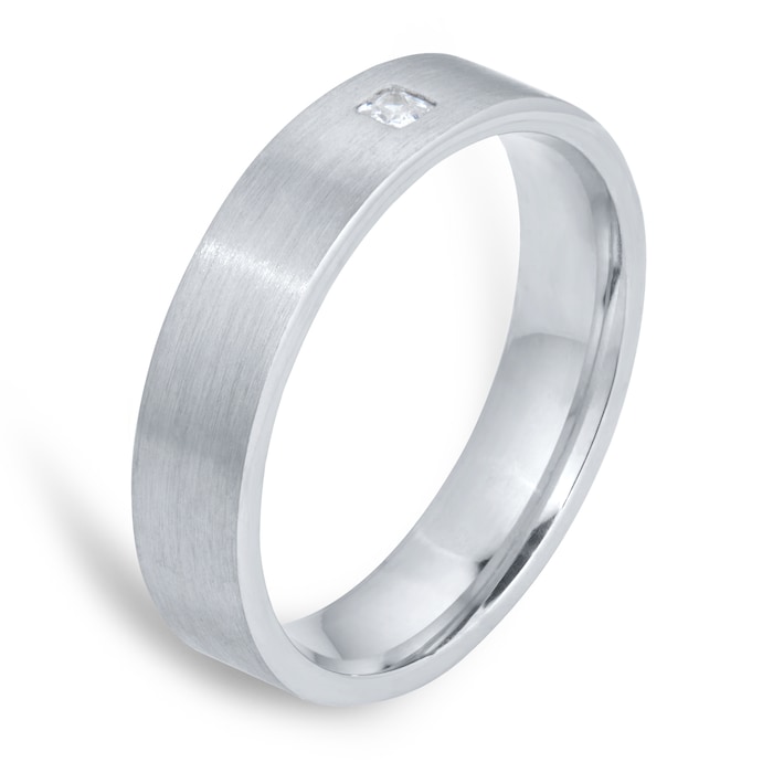 Goldsmiths 18ct White Gold 5mm 0.03ct Princess Cut Diamond Flat Court Heavy Wedding Ring