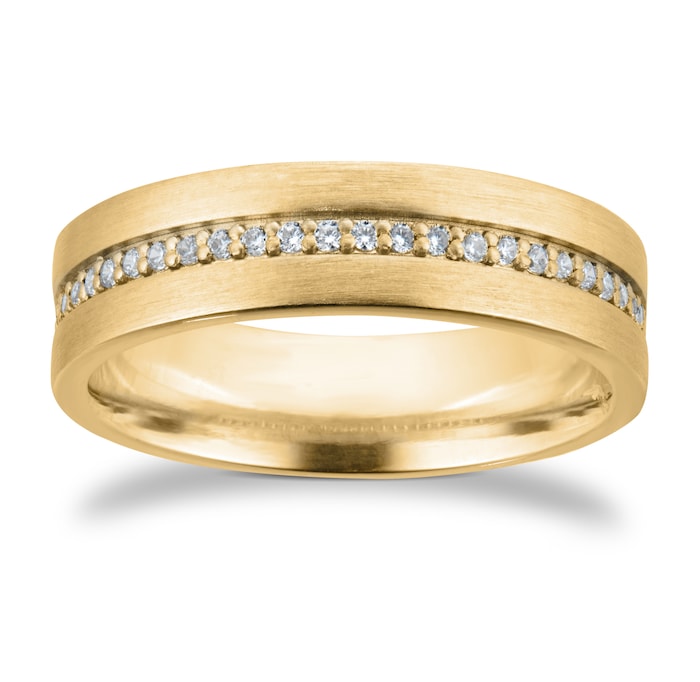 Goldsmiths 9ct Yellow Gold 6mm 0.26ct Brilliant Cut Grain Set Diamond Flat Court Heavy Wedding Ring - Ring Size M