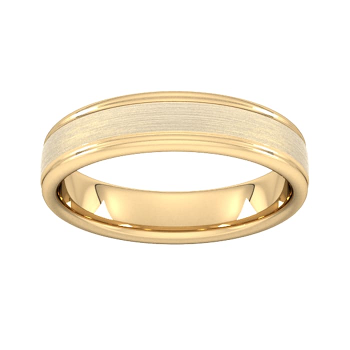 Goldsmiths 5mm Flat Court Heavy Matt Centre With Grooves Wedding Ring In 18 Carat Yellow Gold