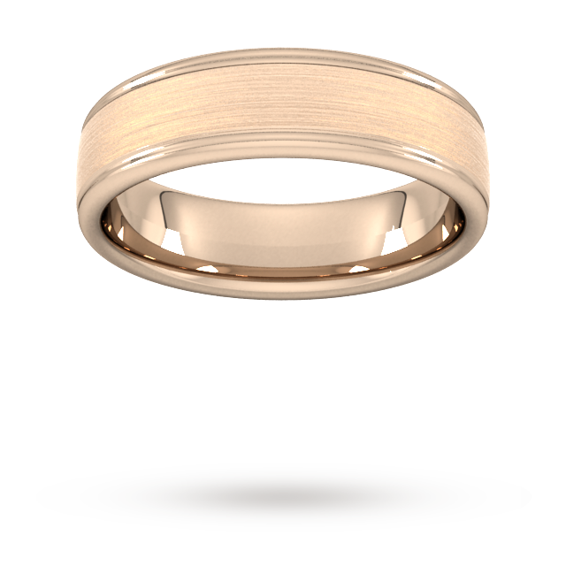 6mm Flat Court Heavy Matt Centre With Grooves Wedding Ring In 18 Carat Rose Gold - Ring Size L