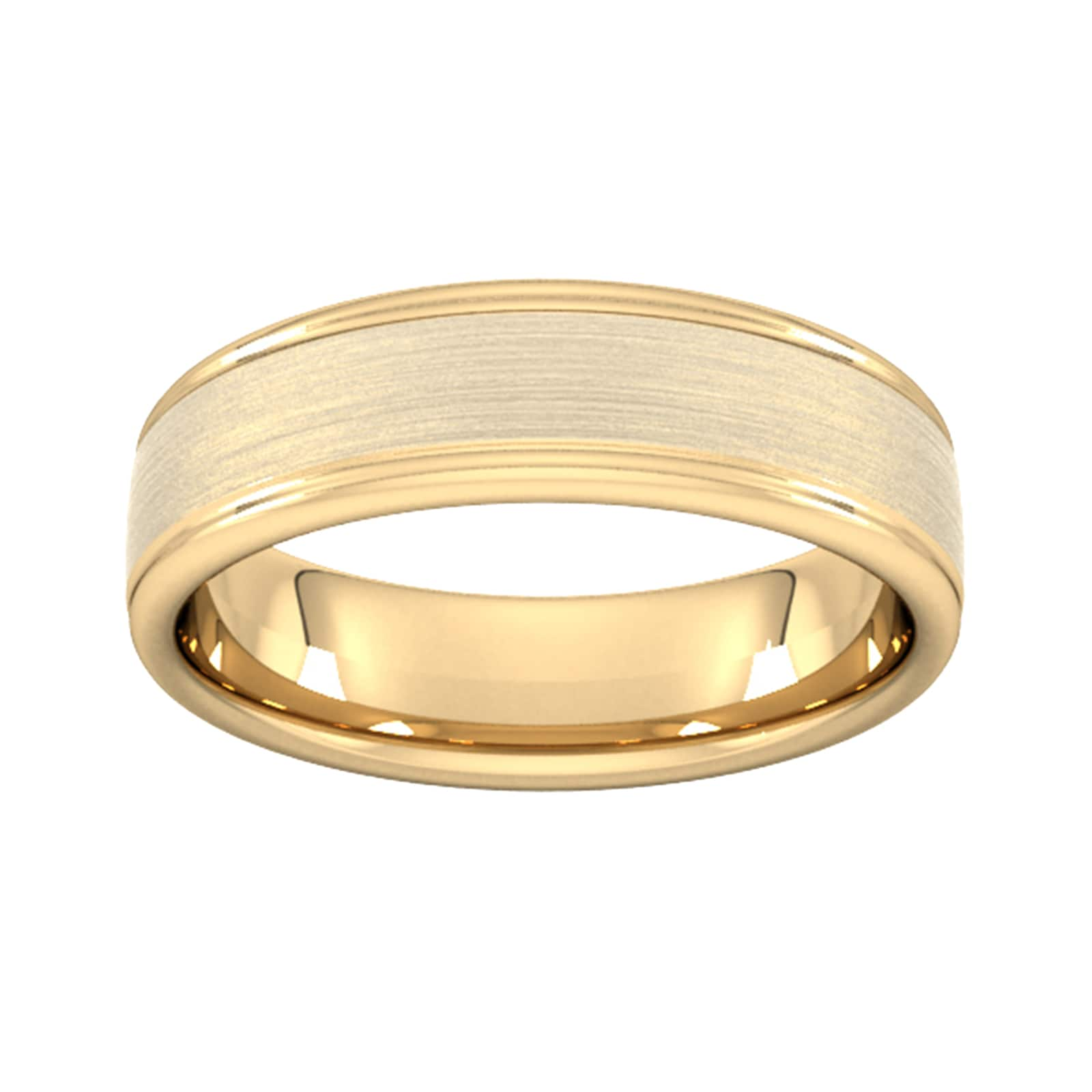 6mm Traditional Court Standard Matt Centre With Grooves Wedding Ring In 18 Carat Yellow Gold - Ring Size V