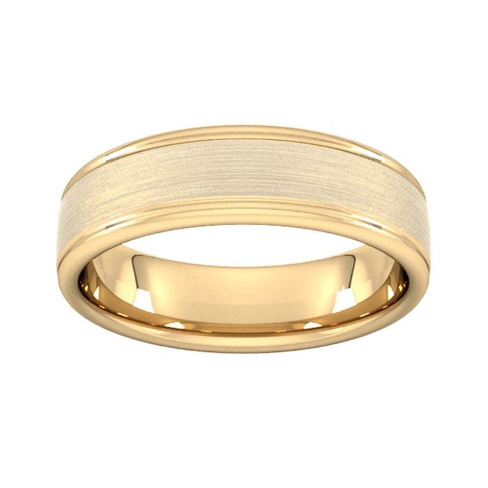 Goldsmiths 6mm Traditional Court Standard Matt Centre With Grooves Wedding Ring In 18 Carat Yellow Gold - Ring Size N