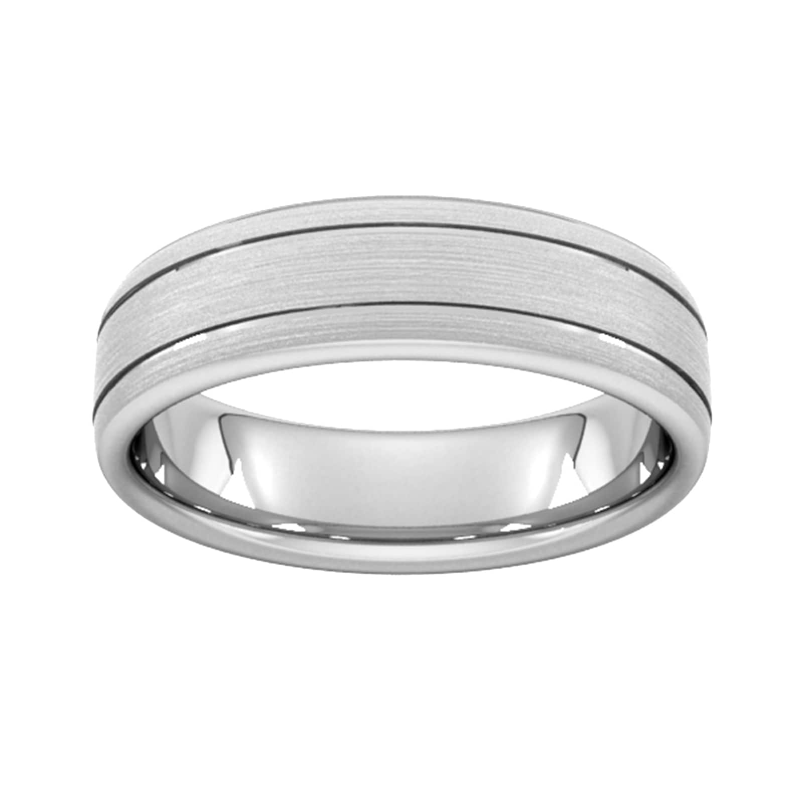 6mm Slight Court Standard Matt Finish With Double Grooves Wedding Ring In 18 Carat White Gold - Ring Size U
