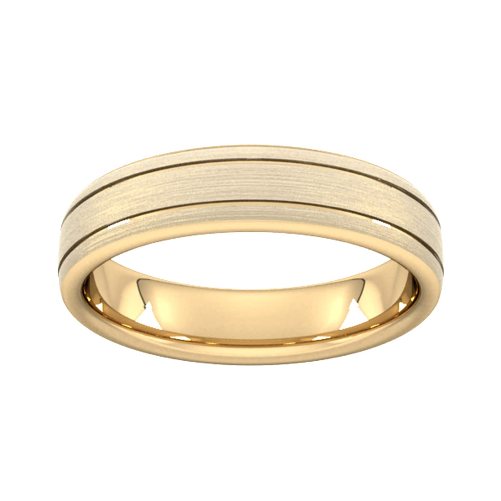 5mm Slight Court Standard Matt Finish With Double Grooves Wedding Ring In 18 Carat Yellow Gold - Ring Size T