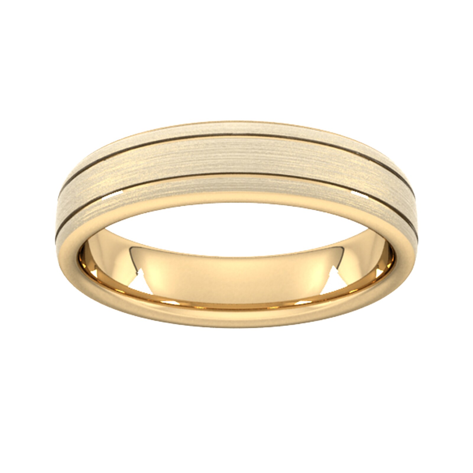 5mm Slight Court Heavy Matt Finish With Double Grooves Wedding Ring In 18 Carat Yellow Gold - Ring Size S