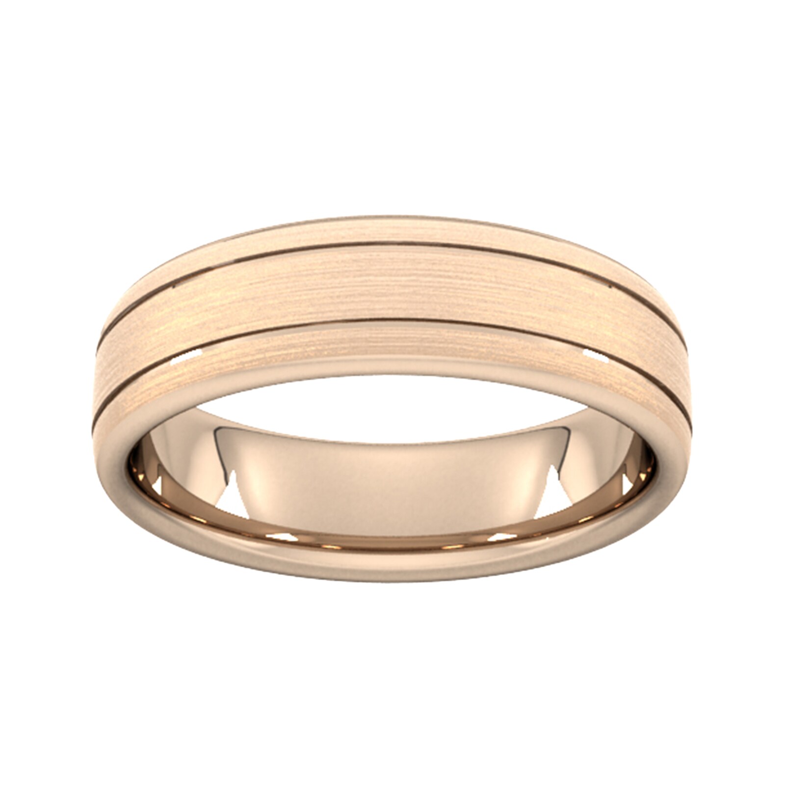 6mm Flat Court Heavy Matt Finish With Double Grooves Wedding Ring In 9 Carat Rose Gold - Ring Size M