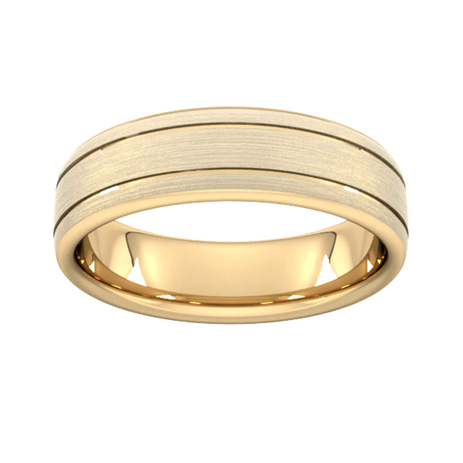 6mm Flat Court Heavy Matt Finish With Double Grooves Wedding Ring In 18 Carat Yellow Gold - Ring Size G