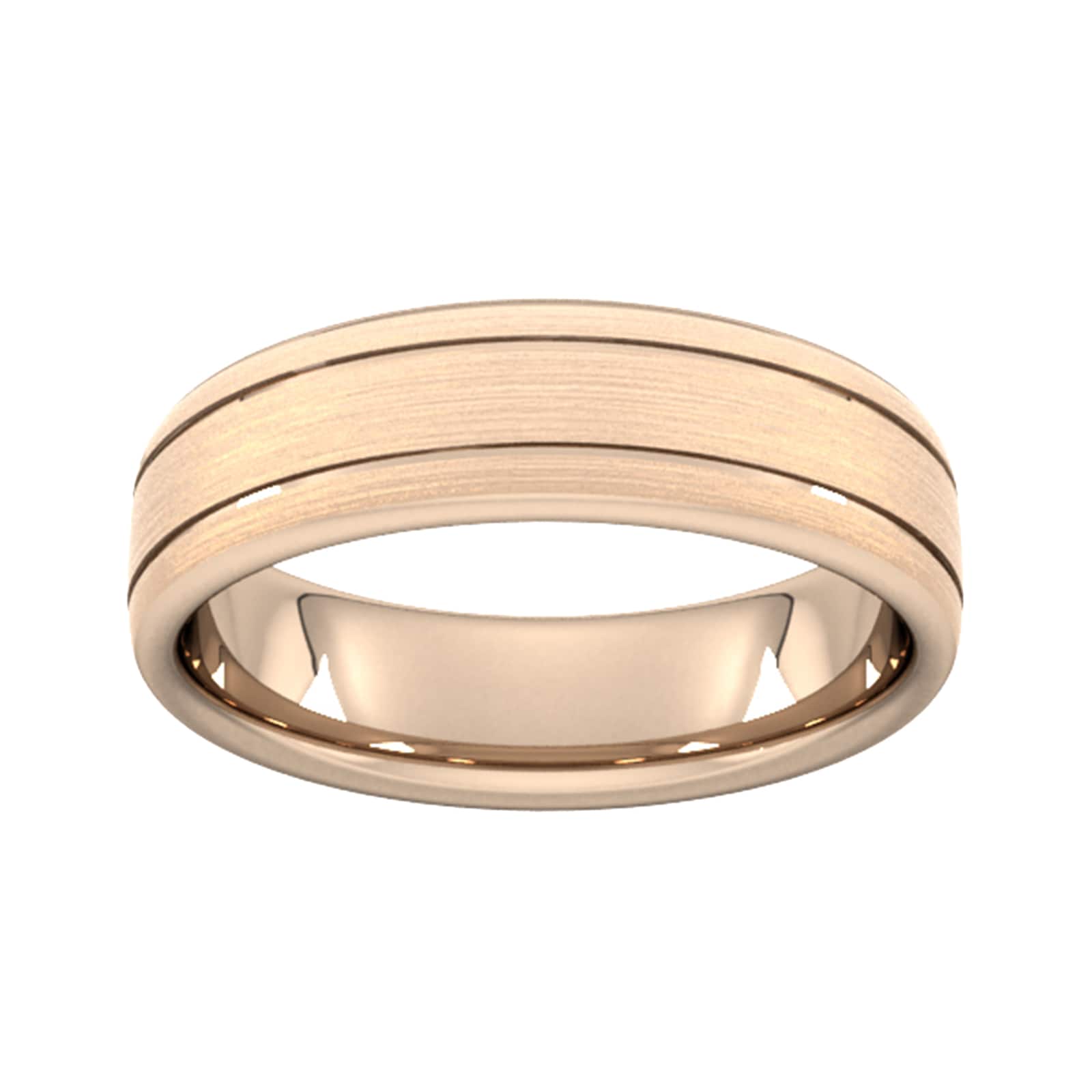 6mm Flat Court Heavy Matt Finish With Double Grooves Wedding Ring In 18 Carat Rose Gold - Ring Size W