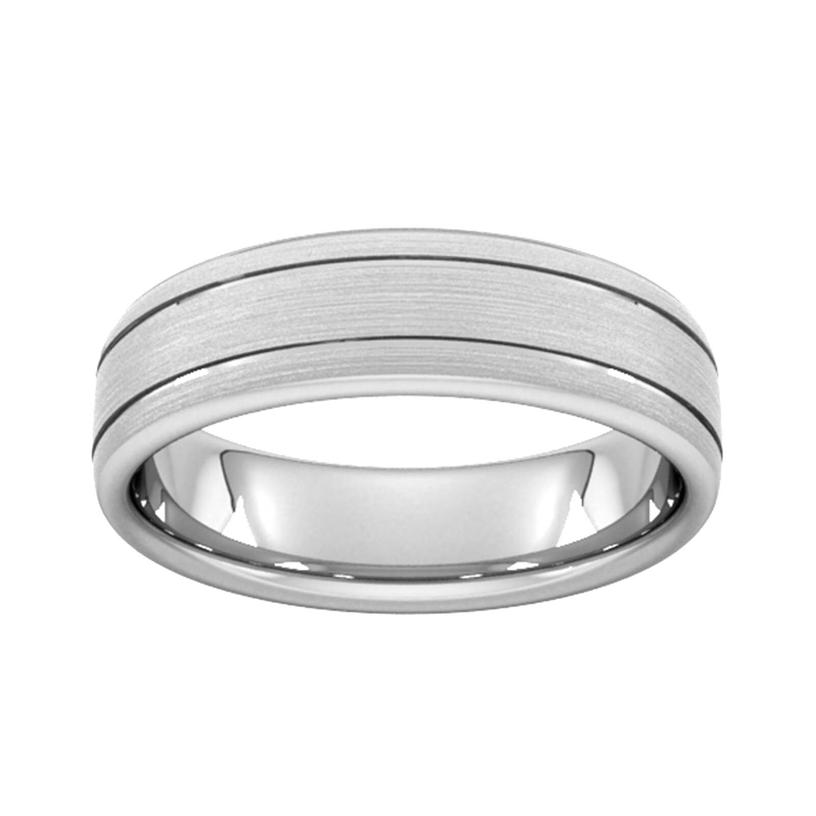 6mm Traditional Court Standard Matt Finish With Double Grooves Wedding Ring In 9 Carat White Gold - Ring Size K