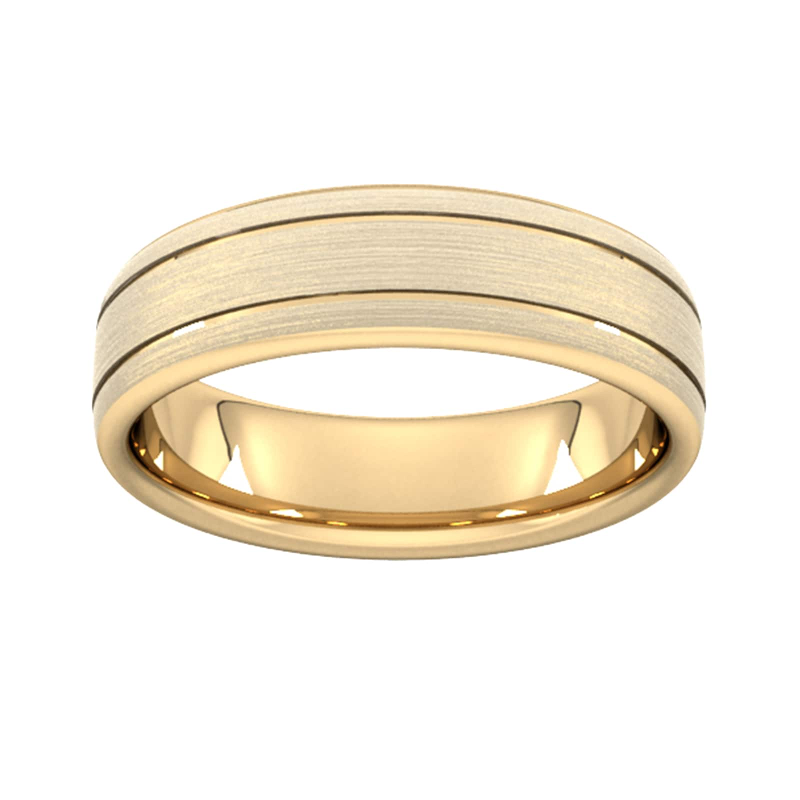 6mm Traditional Court Standard Matt Finish With Double Grooves Wedding Ring In 18 Carat Yellow Gold - Ring Size G