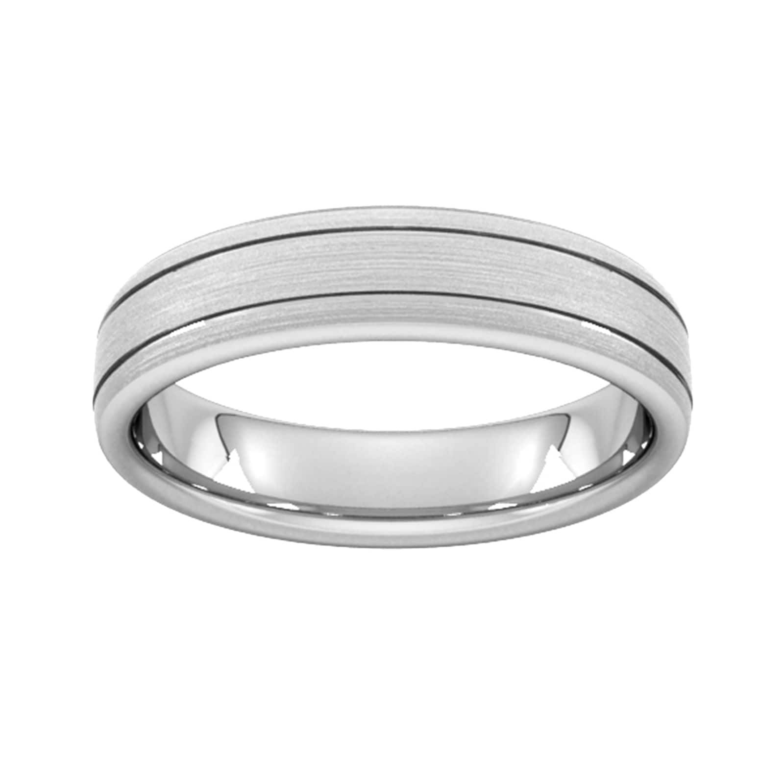 5mm D Shape Heavy Matt Finish With Double Grooves Wedding Ring In 9 Carat White Gold - Ring Size V