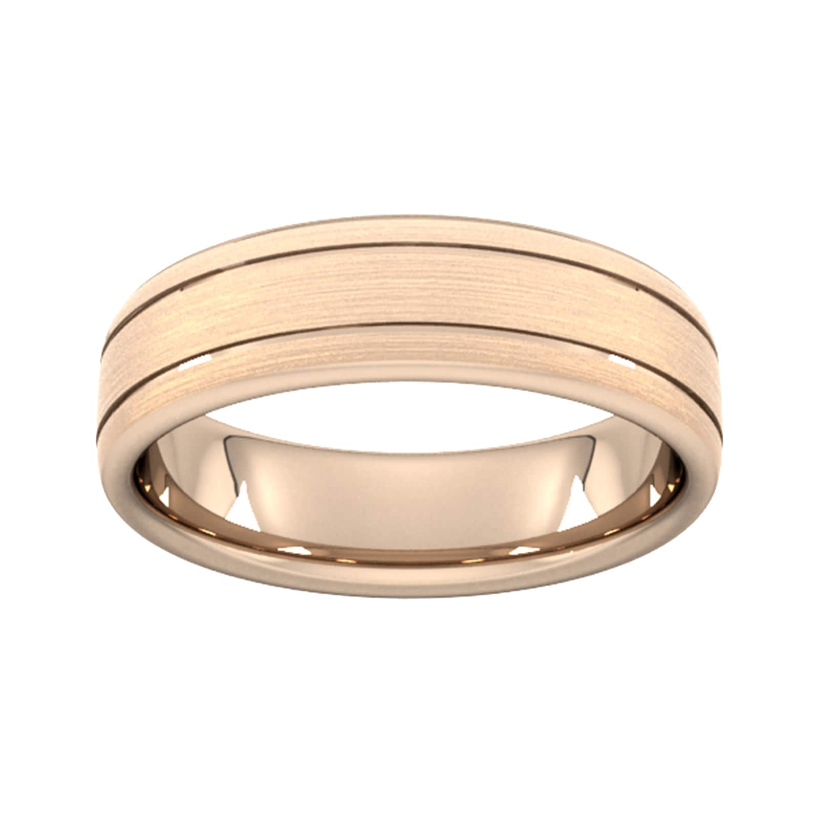 6mm D Shape Heavy Matt Finish With Double Grooves Wedding Ring In 9 Carat Rose Gold - Ring Size J