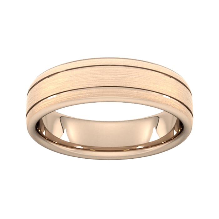 Goldsmiths 6mm D Shape Heavy Matt Finish With Double Grooves Wedding Ring In 9 Carat Rose Gold - Ring Size H