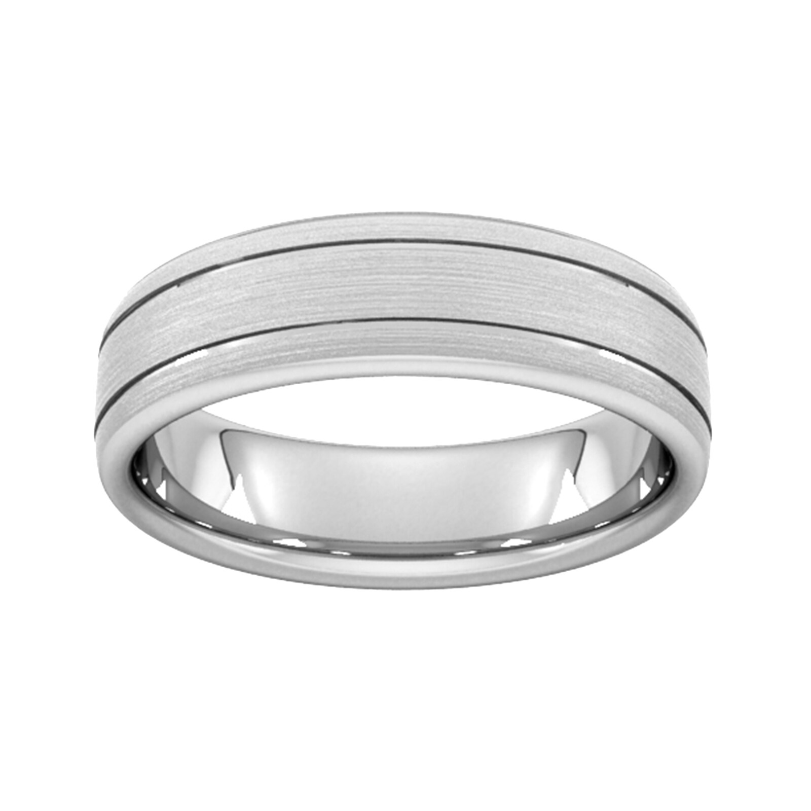 6mm D Shape Heavy Matt Finish With Double Grooves Wedding Ring In 18 Carat White Gold - Ring Size K