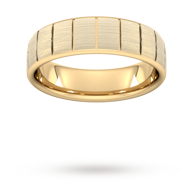 6mm Flat Court Heavy Vertical Lines Wedding Ring In 18 Carat Yellow Gold - Ring Size G