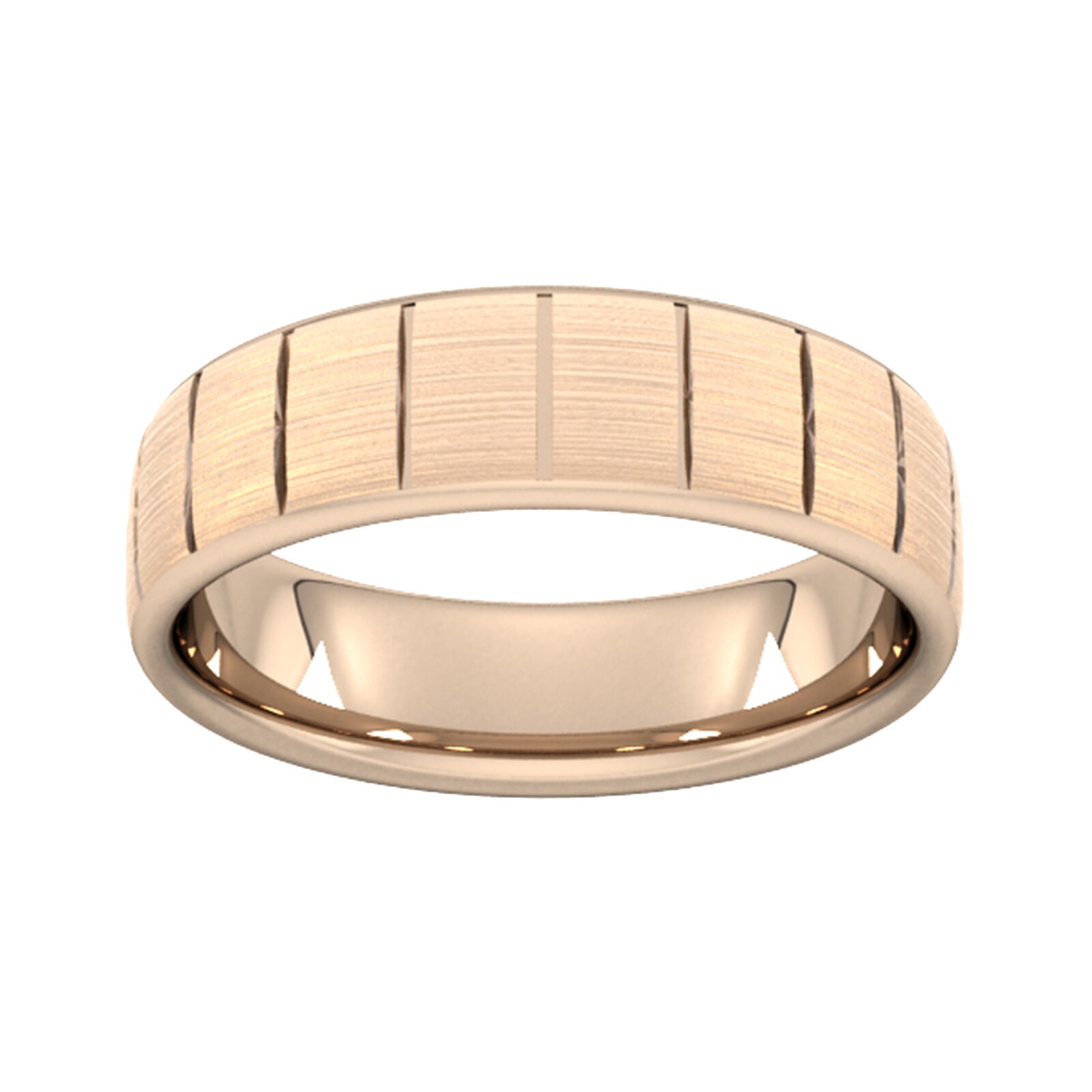 5mm flat court heavy vertical lines wedding ring in 18 carat rose gold - ring size q