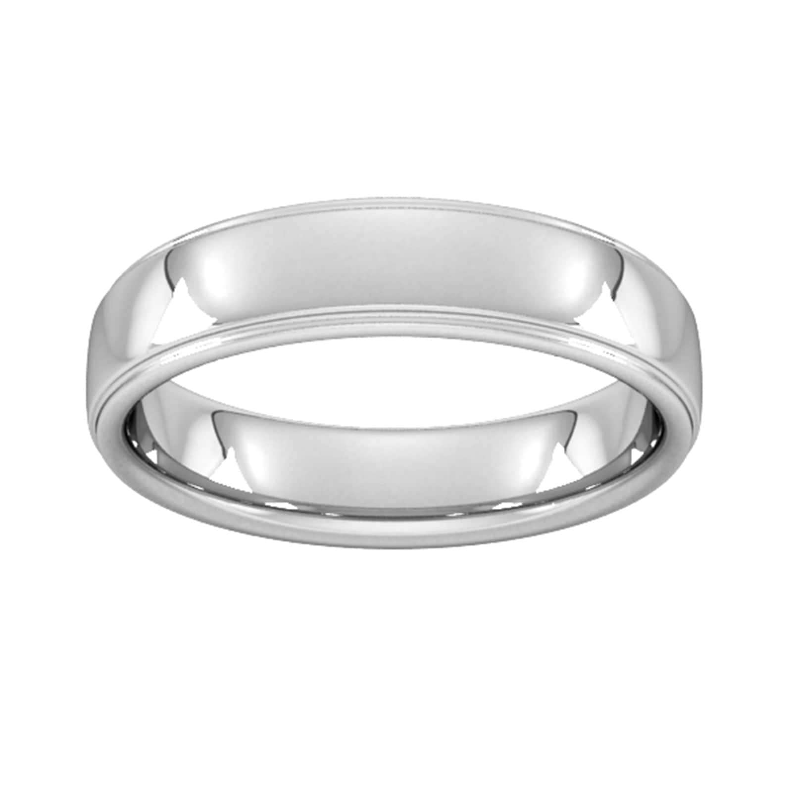 5mm Flat Court Heavy Polished Finish With Grooves Wedding Ring In 18 Carat White Gold - Ring Size M