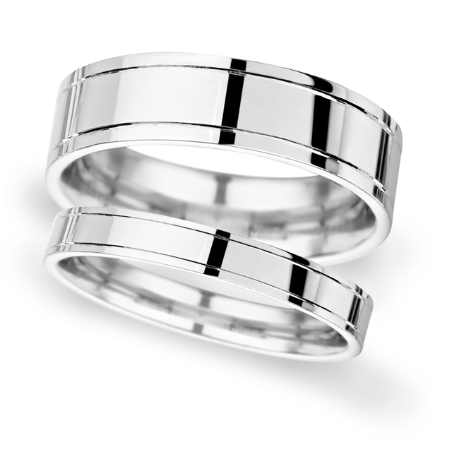 Goldsmiths 6mm Flat Court Heavy Polished Finish With Grooves Wedding Ring In 18 Carat White Gold