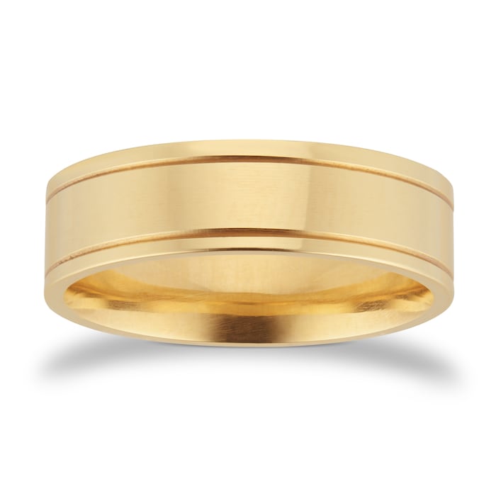 Goldsmiths 6mm Flat Court Heavy Polished Finish With Grooves Wedding Ring In 18 Carat Yellow Gold