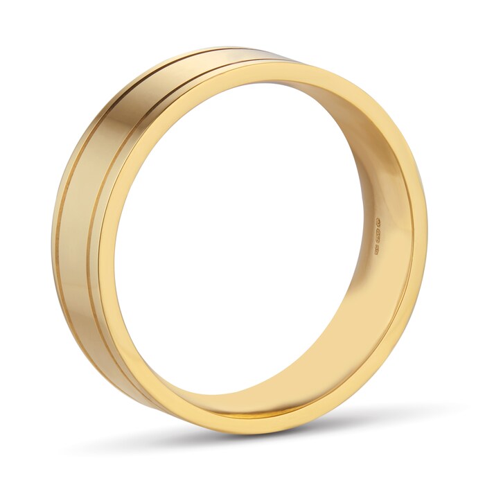 Goldsmiths 6mm Flat Court Heavy Polished Finish With Grooves Wedding Ring In 18 Carat Yellow Gold