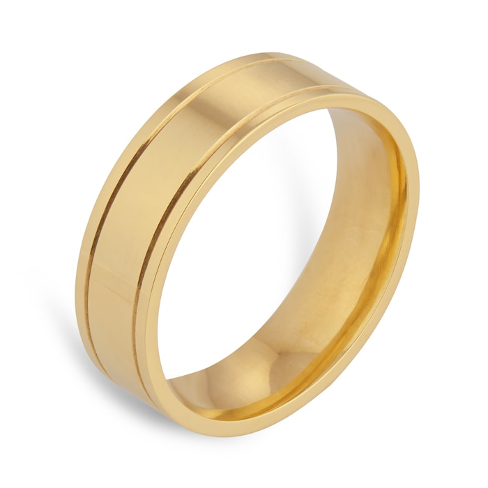 Goldsmiths 6mm Flat Court Heavy Polished Finish With Grooves Wedding Ring In 18 Carat Yellow Gold