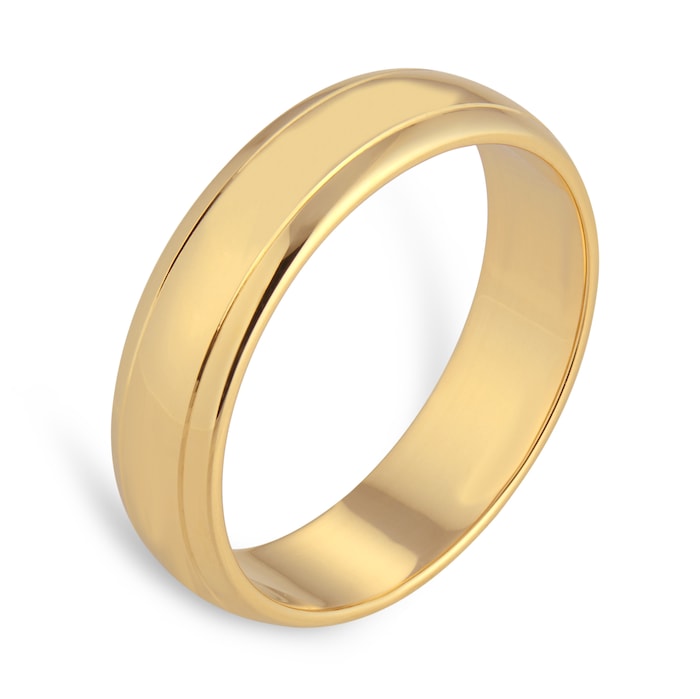 Goldsmiths 5mm D Shape Standard Polished Finish With Grooves Wedding Ring In 9 Carat Yellow Gold