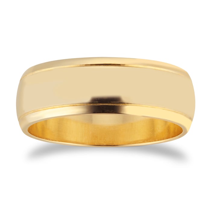 Goldsmiths 6mm D Shape Standard Polished Finish With Grooves Wedding Ring In 9 Carat Yellow Gold - Ring Size O