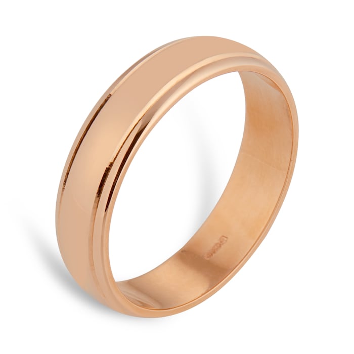 Goldsmiths 5mm D Shape Standard Polished Finish With Grooves Wedding Ring In 18 Carat Rose Gold