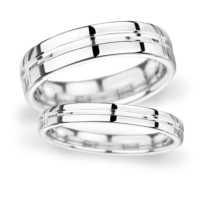 Goldsmiths 5mm Flat Court Heavy Grooved Polished Finish Wedding Ring In 18 Carat White Gold