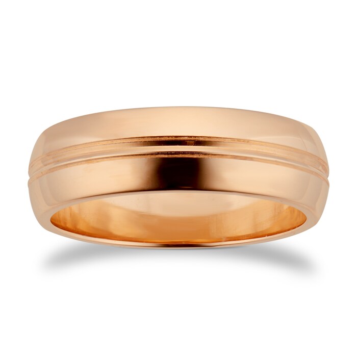 Goldsmiths 6mm D Shape Heavy Grooved Polished Finish Wedding Ring In 18 Carat Rose Gold - Ring Size M